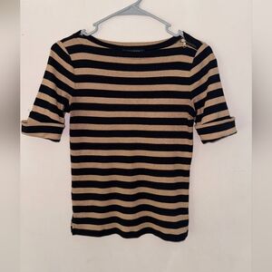 Ralph Lauren Striped T-Shirt Sleeve Zip Shoulder Boatneck Gold Black PXS